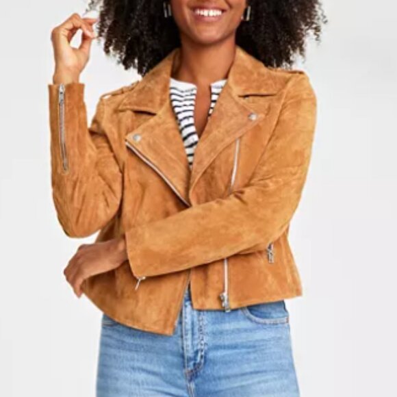 On 34th Brown Suede Moto Jacket Women’s Size M Full Zip Pockets Biker Style - Picture 1 of 15